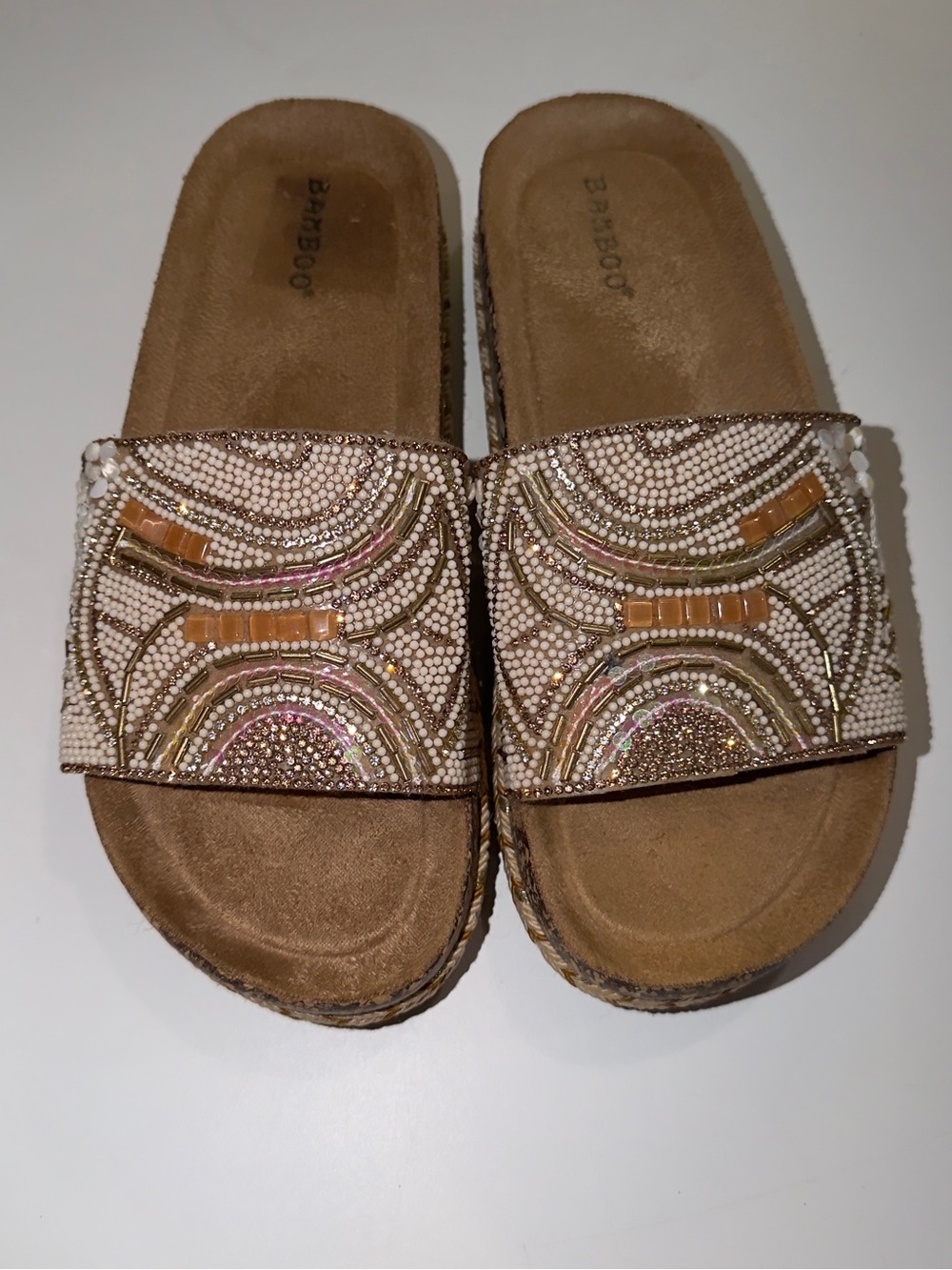 BAMBOO Beaded Slide Sandals in Beige and Gold Accent